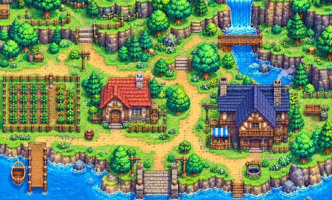 create topdown pixel art tileset map character sprite sheet rpg maker game asset