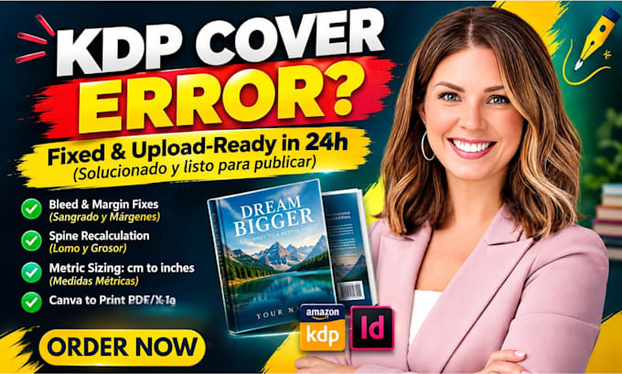 fix amazon KDP cover rejected errors, bleed, spine and metric sizes