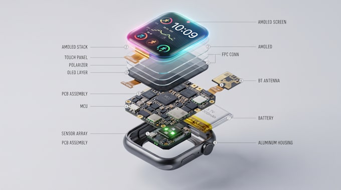 design smartwatch pcb, amoled, bluetooth, sensors and charging circuit