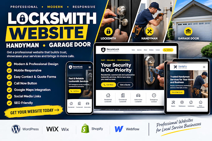 design garage doorlocksmith website, locksmith landing page, handyman website