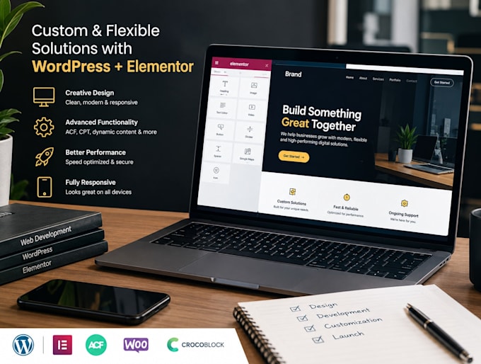 develop a wordpress website with elementor pro, acf pro, and custom post types