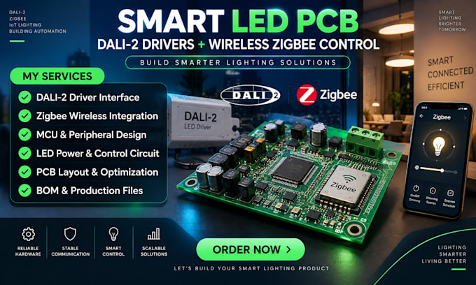 design smart led pcb to connect dali 2 drivers with wireless zigbee control