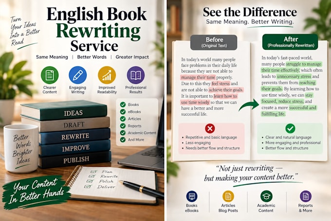 professionally rewrite your english book or long form content