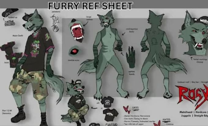 create furry character, fursona, oc and reference sheet