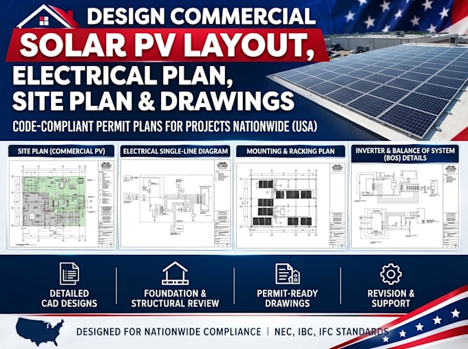 design commercial solar pv layout, electrical plan, site plan and drawings