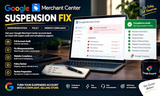 fix google merchant center suspension and misrepresentation