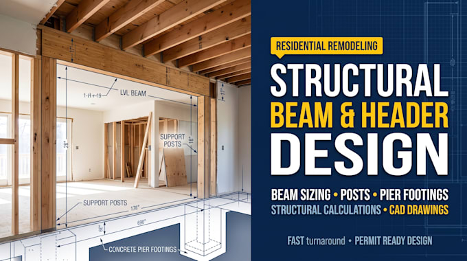 design structural beam headers, posts, and pier footings for residential remodel