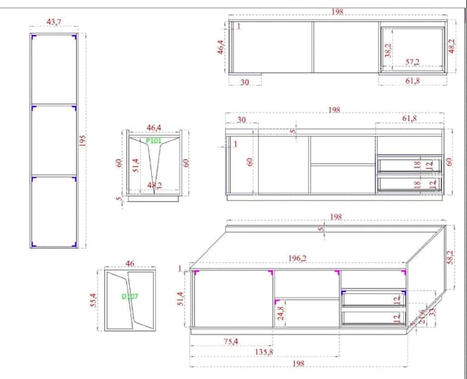 millwork drawing for kitchen cabinet unit, built in wardrobe, cabinetry 3d model
