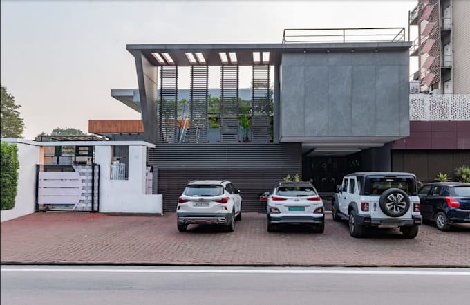 visualize 3d house facade, swimming pool courtyard, remodel facade cladding, cgi