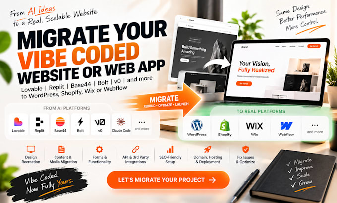 migrate your vibe coded web app and website to wordpress shopify and wix