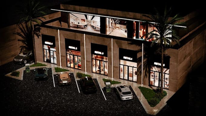 renovate 3d retail space exterior,hypermarket design,storefront park,cgi render