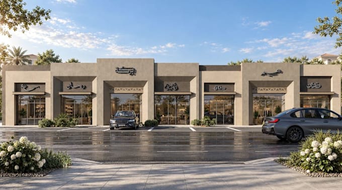 render 3d strip mall concept, shop front design,commercial complex cgi rendering