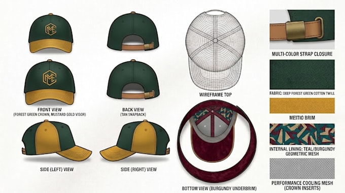 design cap tech pack, hat spec sheet, technical flat for headwear manufacturer