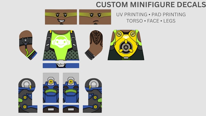 design 2d lego minifigures decals for uv and pad printing