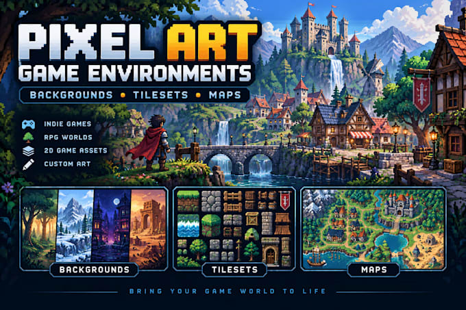 create pixel art game environments, backgrounds, tilesets and maps