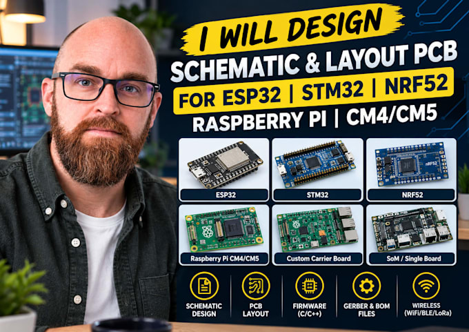 design schematic, layout pcb for esp32, stm32, nrf52, raspberry pi, cm4, cm5