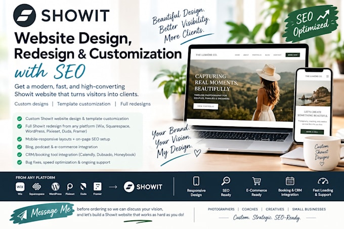 design, redesign and customize your showit website or showit template with SEO