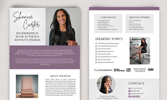 design a canva speaker one sheet and profesional speaker media kit