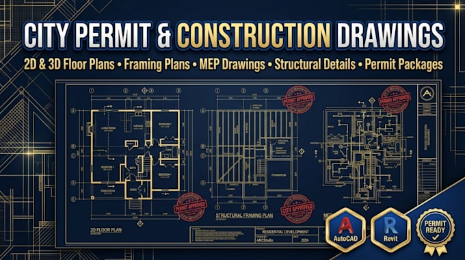 architect city permit construction drawing, 2d 3d floor plans, framing plan, mep