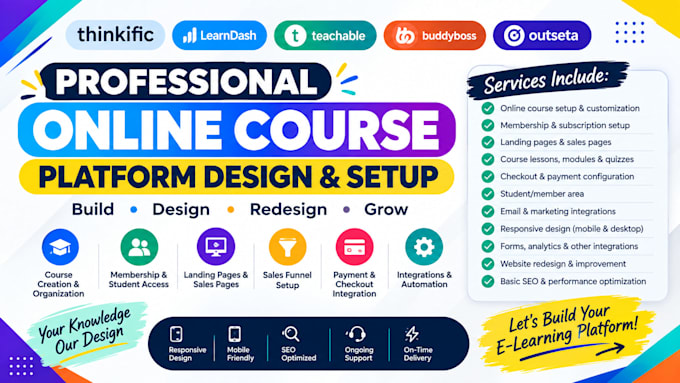 setup online courses using thinkific, learndash, teachable, buddyboss, outseta