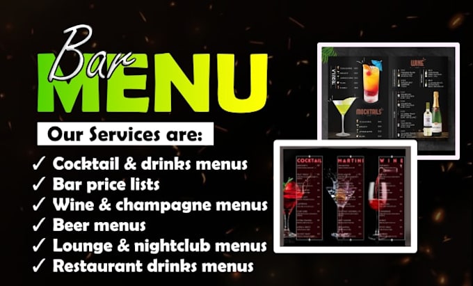 design a professional bar cocktail and drinks menu