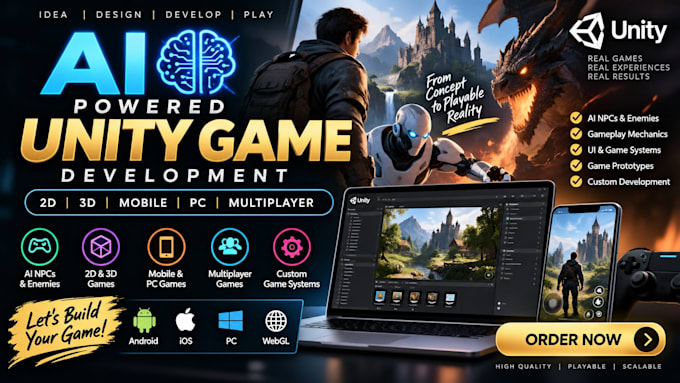 develop ai powered unity game, 2d 3d mobile PC game, npc and gameplay mechanics