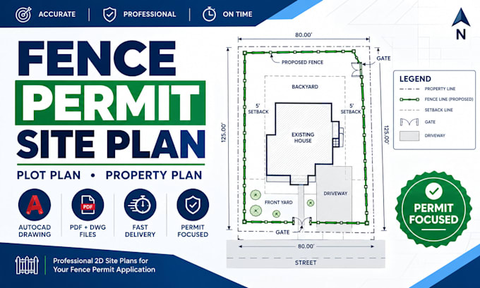 draw fence permit site plan, plot plan and property plan in autocad
