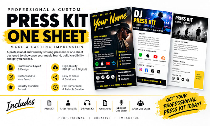 design a professional press kit, artist one sheet