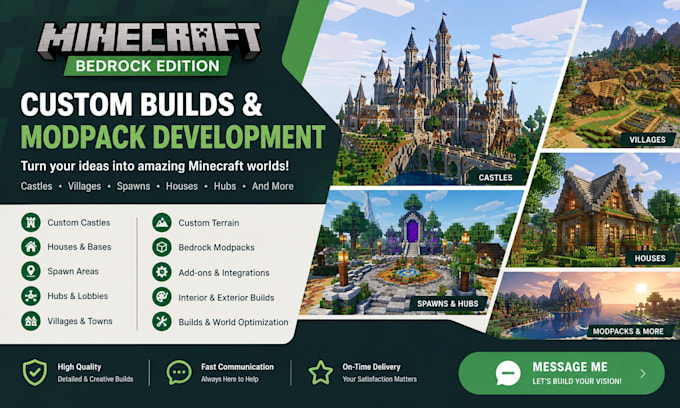 build minecraft castle, villages, spawns, house, hubs, bedrock modpack developer