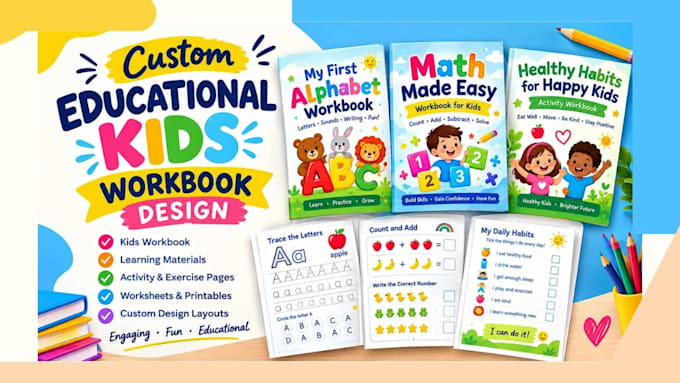 design kids educational workbook, worksheets, kid activity book