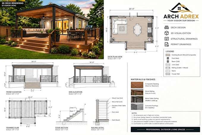 do 3d backyard design pergola deck patio and provide structural permit drawings