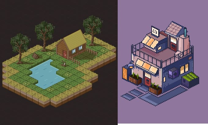 design isometric pixel game art, pixel art scenes, 2d pixel environment design