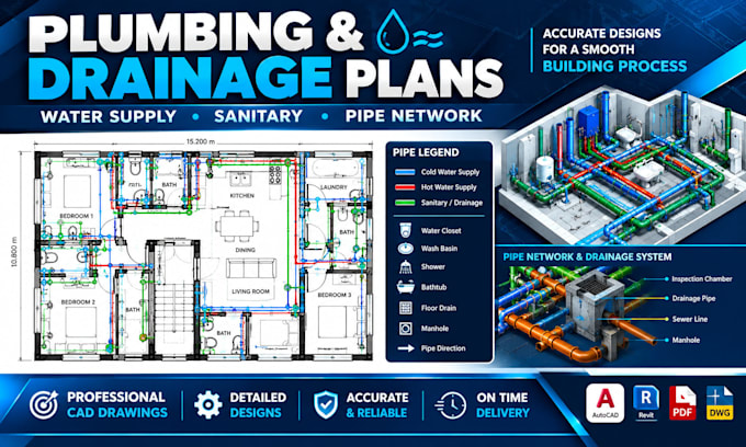 design plumbing, drainage, sanitary, water supply and pipe network plans