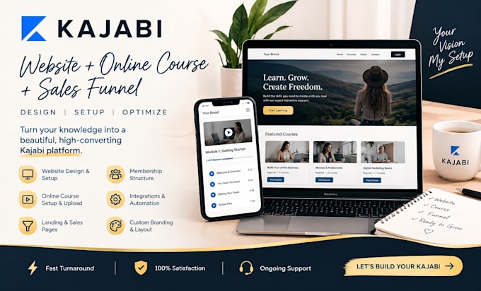 create kajabi course website, membership site, sales funnel and course setup pro
