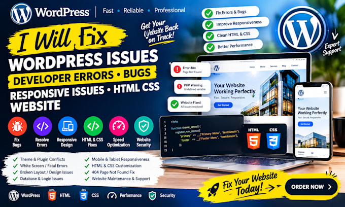 fix wordpress issues developer errors bugs responsive issues html css website