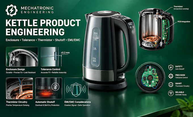 design kettle enclosure, tolerance, thermistor circuit, automatic shutoff, emi