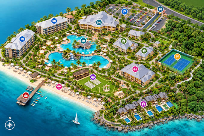 create isometric wayfinding directory maps for hotels, resorts, and restaurants