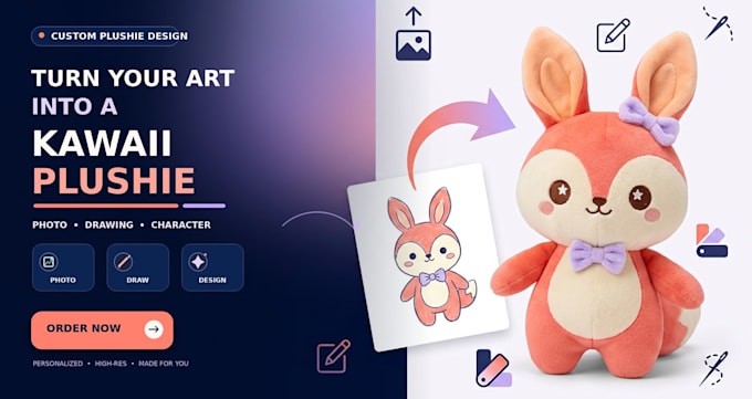 create custom plush from photo or drawing, professional plushie design kawaii