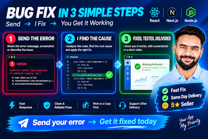fix bugs and errors in your react, next js or node app
