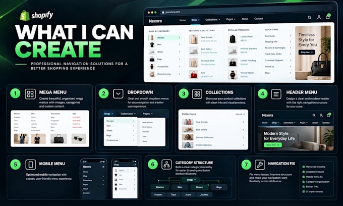 create or fix your shopify navigation menu, dropdown and mega menu