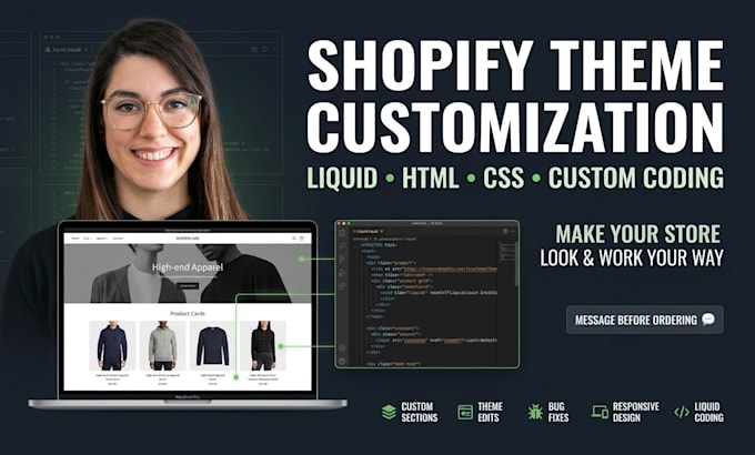 do shopify theme customization and custom coding any theme, css, html, liquid