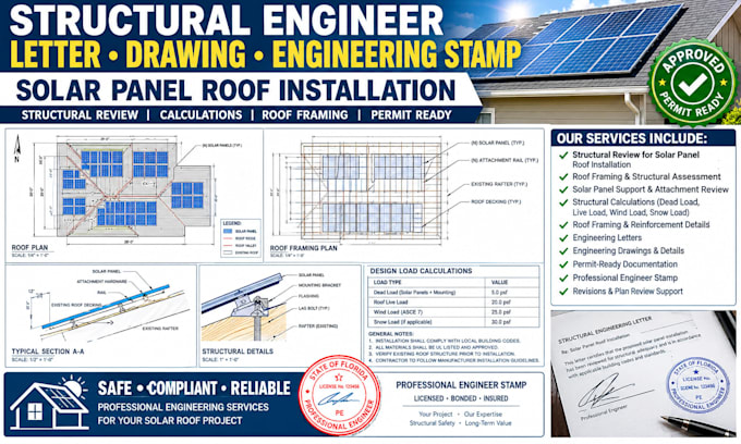 provide a structural engineer letter drawing engineering stamp, solar panel roof