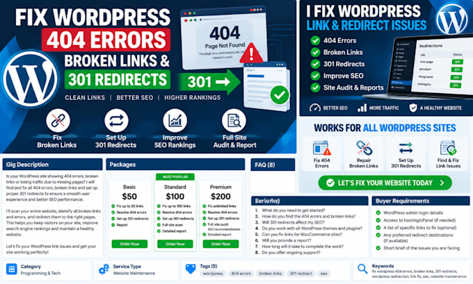 fix wordpress 404 errors broken links and 301 redirects