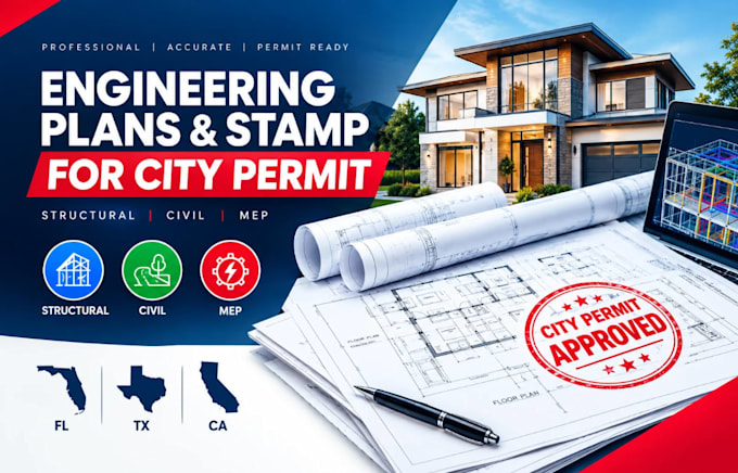 draw and stamp structural, civll, mep engineer plans for fl tx ca city permit