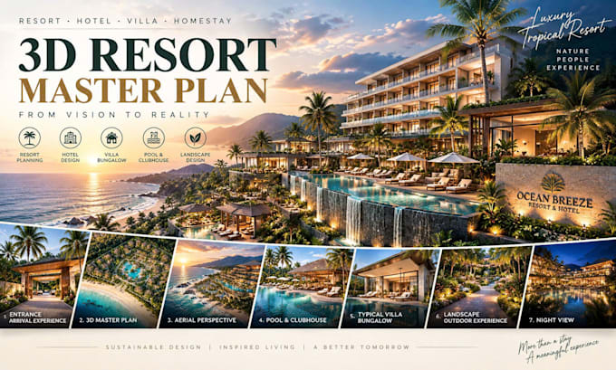 create photorealistic 3d resort visualization, landscape and hotel design