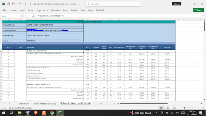 do drywall metal framing quantity takeoff and cost estimation in planswift