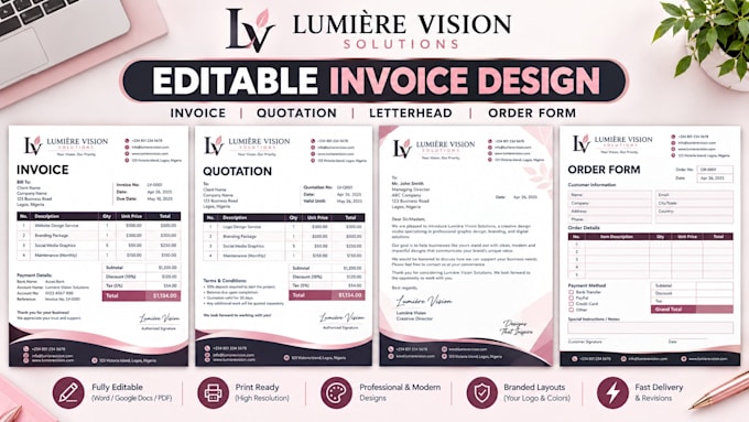 design invoice template, order form, quotation letterhead, stationery urgently