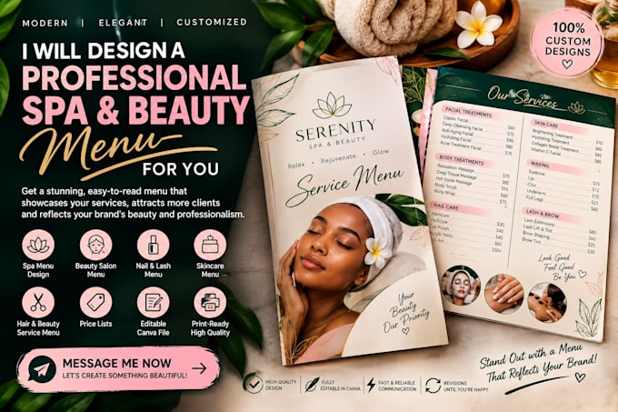 design a modern spa menu, digital menu, and price list