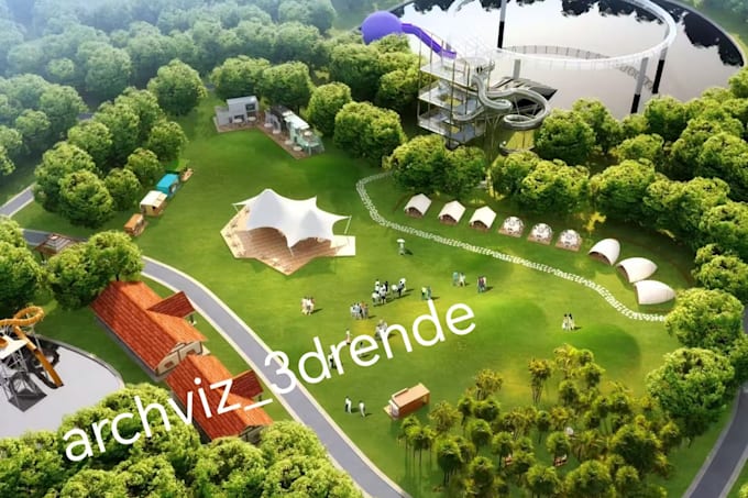 create 3d rendering for gas station, campground and landscape