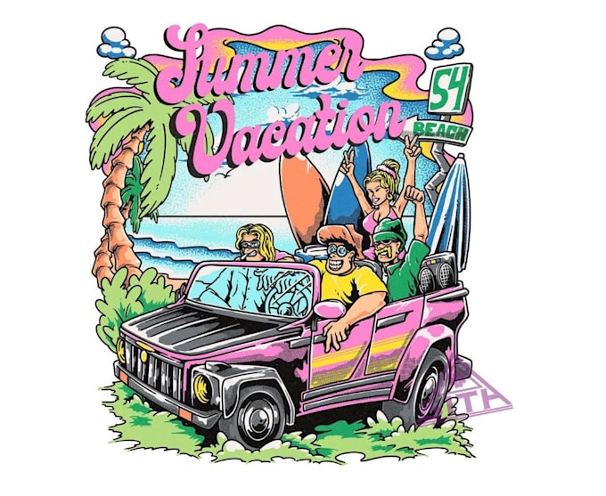 create a retro beach summer vacation logo with custom vector art